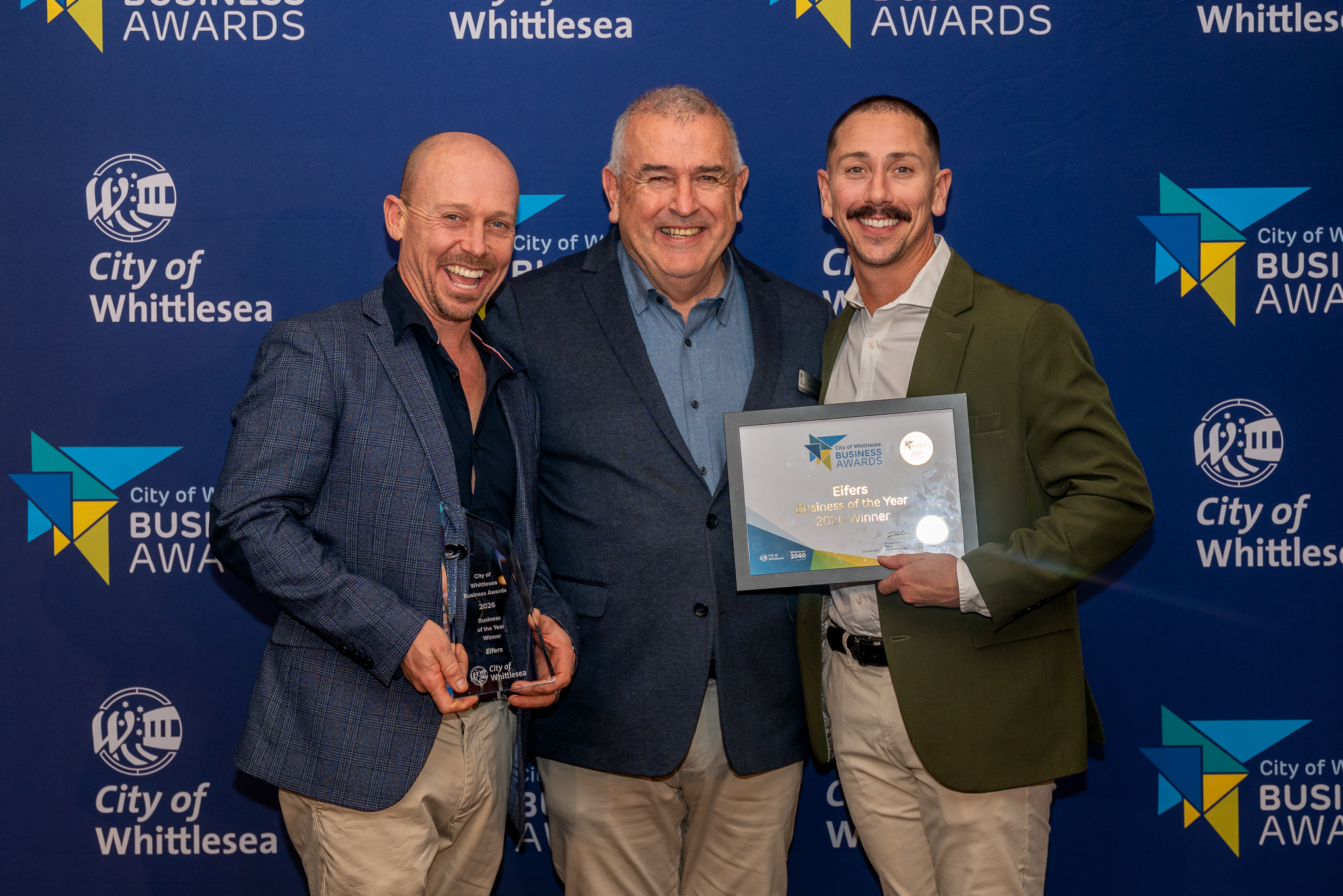 Eifers image (Caption: City of Whittlesea Mayor Cr Lawrie Cox (centre), with Daniel (left) and Matthew Eifermann of Eifers, the City of Whittlesea 2026 Business of the Year.)