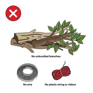 Items not allowed for waste collection: loose tree branches, metal wire, and plastic ribbon.