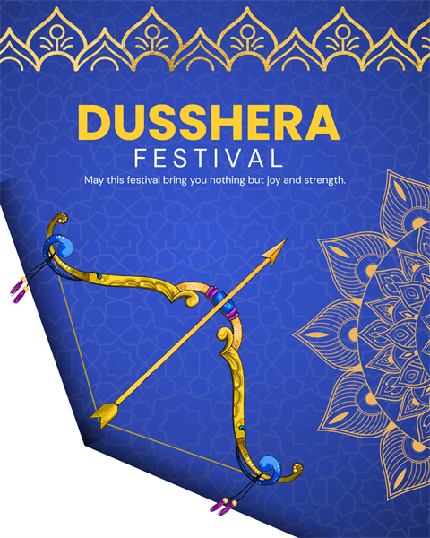 Golden bow and arrow on a royal blue Dussehra festival background.