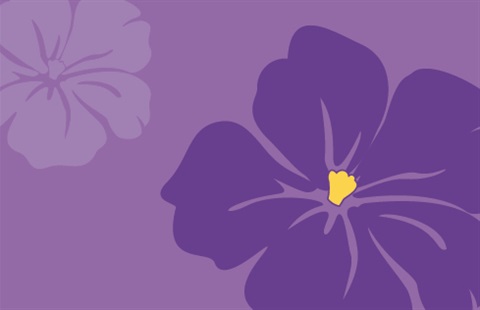 A vibrant purple floral background featuring large, stylized blossoms with a single yellow accent at the center.
