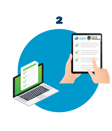 Blue circle with a laptop computer and hands holding and engaging with a tablet.