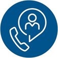 Blue circle with white icon of a phone handset and a person's outline inside a speech bubble.
