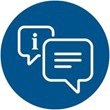 Blue circle with white icon of an ‘i’ inside one speech bubble and lines suggesting text in a second speech bubble.