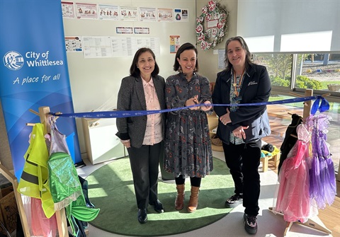 Member for Mill Park Lily D'Ambrosio, Minister for Children Lizzie Blandthorn and City of Whittlesea Acting CEO Debbie Wood cut the ribbon to officially open the wirrigirri Kindergarten in Wollert.