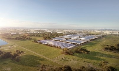 Artist's impression of an industrial development surrounded by green fields.
