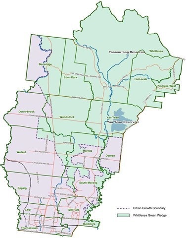 City of Whittlesea boundary map with the green wedge area shaded in green.
