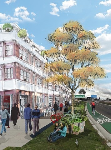 An artist's impression of an urban renewal streetscape. A cyclists rides in a bike lane, people sit under a tree, pedestrians walk beside a building that has a rooftop garden.