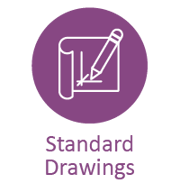 Circular icon contains a line drawing showing a pencil drawing on a sheet of paper. It is white on a purple background. Beneath is written 'standard drawings'.