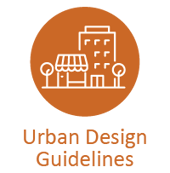 Circular icon contains a line drawing showing a business streetscape. It is white on an orange background. Beneath is written 'urban design guidelines'.