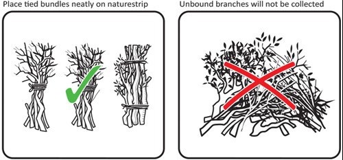 Square one shows branches bundled correctly with a green tick. Square two shows loose branches and a red cross through them.