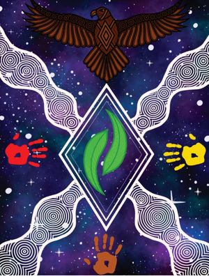 Aboriginal art piece has a purply-blue background speckled with stars. Includes coloured hand prints, leaves and an eagle.