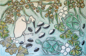 Aboriginal art piece depicts a waterway with a waterbird, turtles, shellfish and water plants.