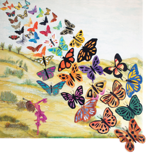Aboriginal artwork depicts a stream of brightly coloured butterflies flying over a landscape. Beneath them a woman dances.