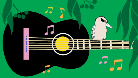 Illustration of a black acoustic guitar with a light-colored bird resting on the fretboard, set against a bold green background.
