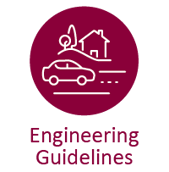 Circular icon contains a line drawing showing a car driving past a house. It is white on a crimson background. Beneath is written 'engineering guidelines'.